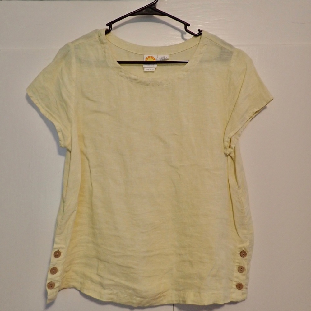 C&C California Light Yellow Button-Accent 100% Linen Tee